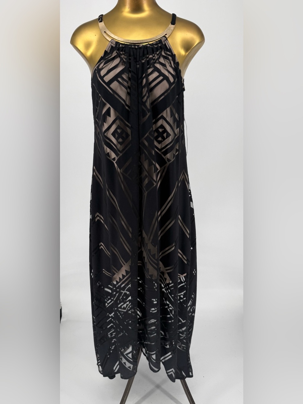NWT London Times Black Nude Burnout Geometric Halter Maxi Dress Size 4